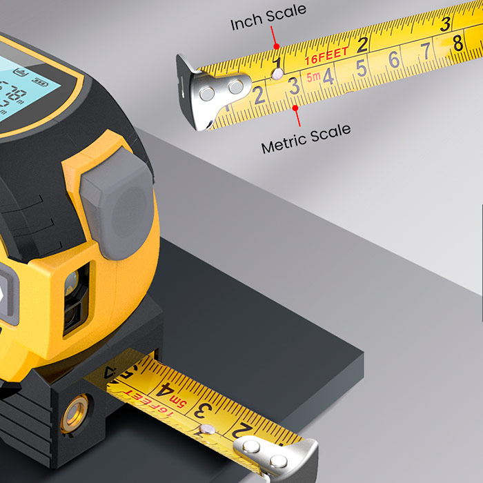 2 metre v 1 produkte - klasický meter, ktorý meria dĺžku až do 5 metrov a laserový meter, ktorý meria vzdialenosť až do 40 metrov!