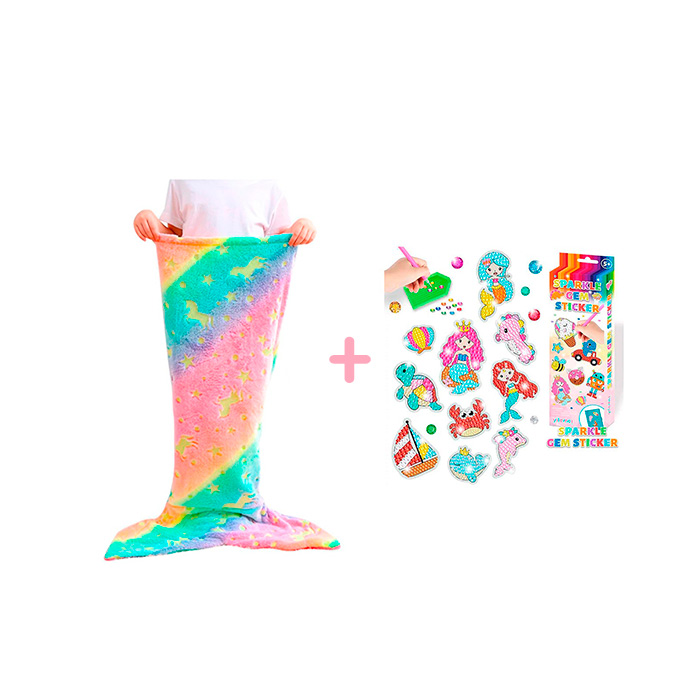 SparkleMermaid balenie obsahuje 2 hračky - deku v tvare ženskej rybiej chvosta a diamantový a samolepkový tvorivý set!